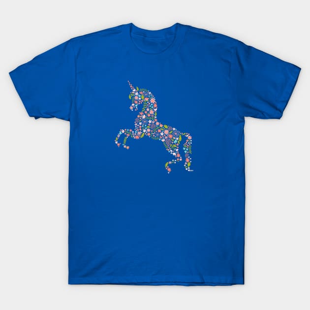 Floral Unicorn on Blue T-Shirt by latheandquill